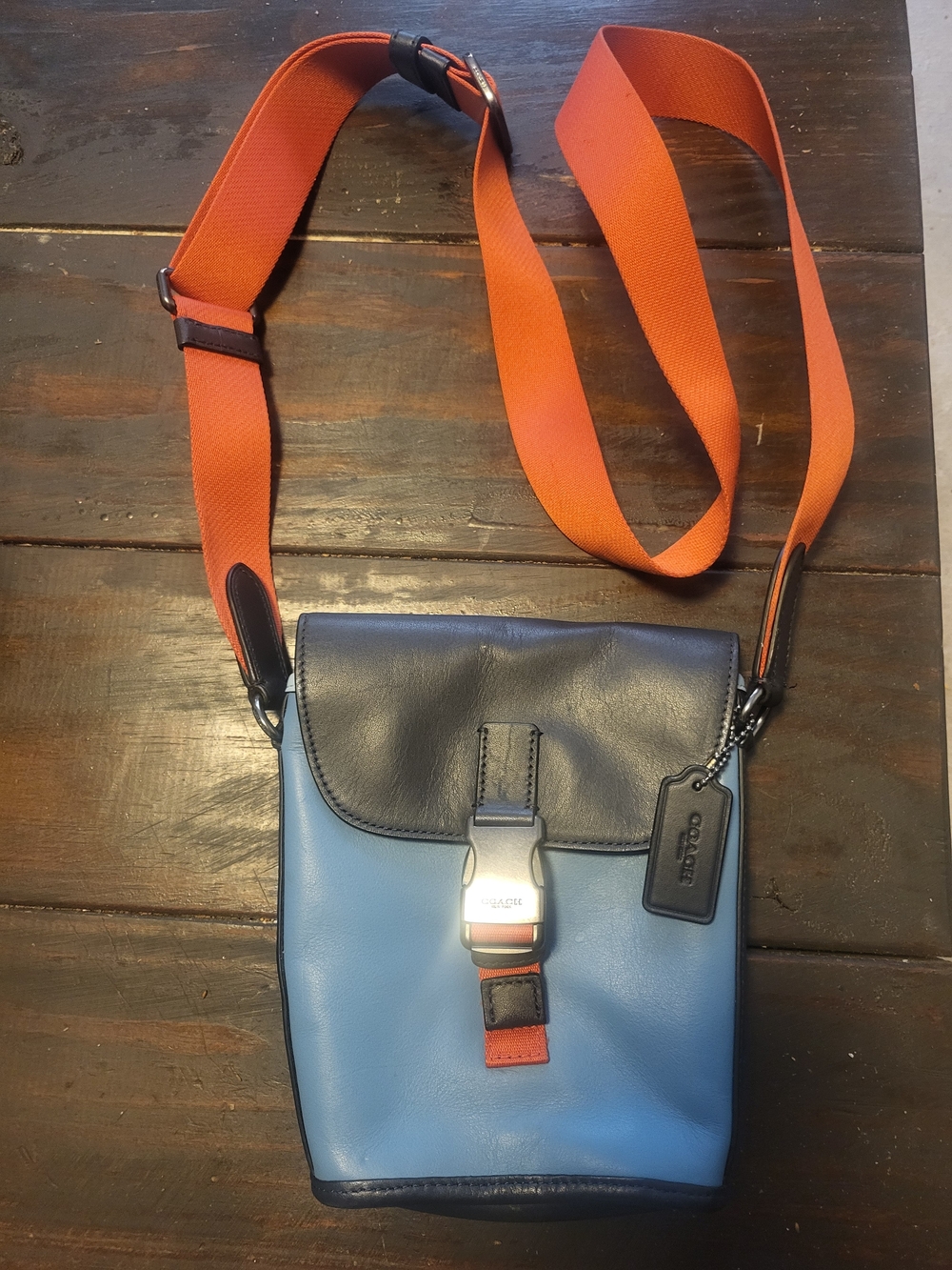 Coach Blue Leather Crossbody with Orange Web Strap